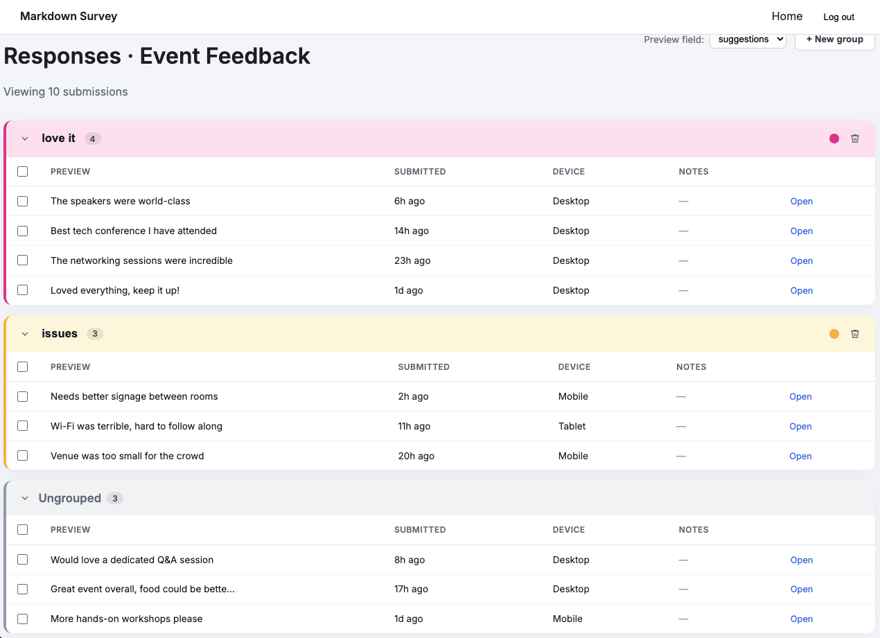 Responses list with groups and bulk actions